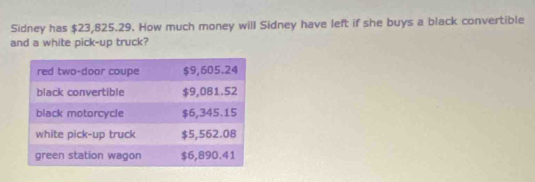 Sidney has $23,825.29. How much money will Sidney have left if she buys a black convertible 
and a white pick-up truck?