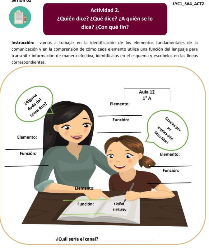 3esión 02
LYC1_SA4_ACT2
Actividad 2.
¿Quién dice? ¿Qué dice? ¿A quién se lo
dice? ¿Con qué fin?
Instrucción: vamos a trabajar en la identificación de los elementos fundamentales de la
comunicación y en la comprensión de cómo cada elemento utiliza una función del lenguaje para
transmitir información de manera efectiva, identifícalos en el esquema y escríbelos en las líneas
¿Cuál sería el canal?_