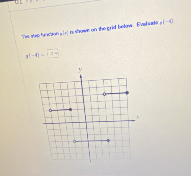 The step function g(x) is shown on the grid below. Evaluate g(-4).
g(-4)=-3vee