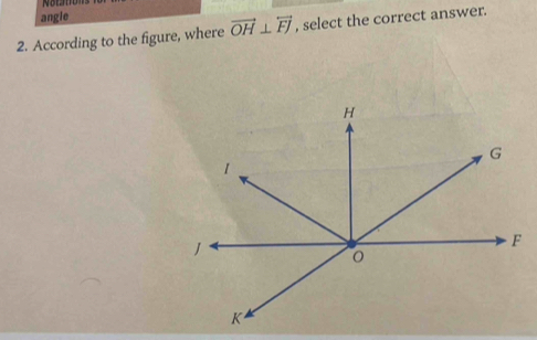 angle 
2. According to the figure, where vector OH⊥ overleftrightarrow FJ , select the correct answer.