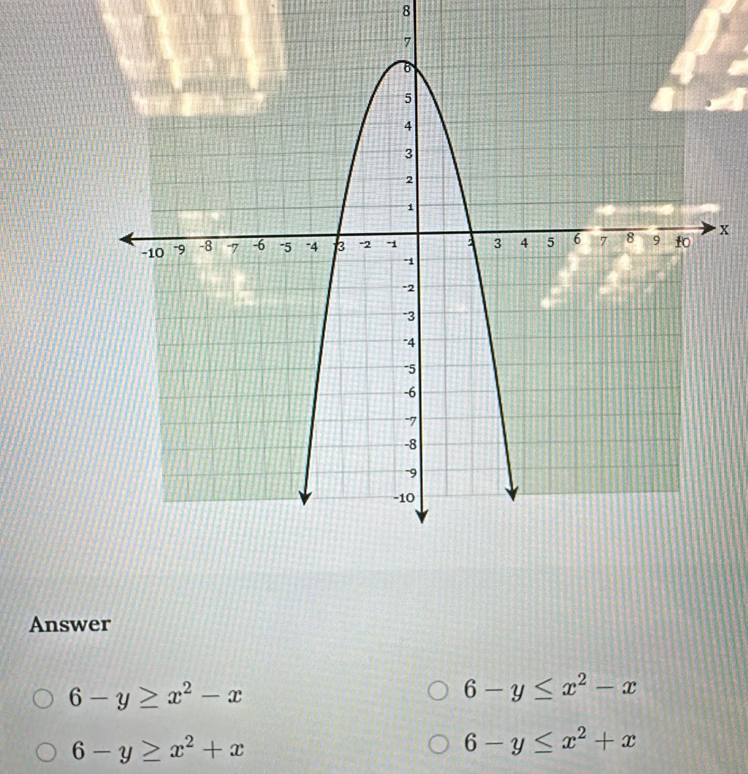 8
x
Answer
6-y≥ x^2-x
6-y≤ x^2-x
6-y≥ x^2+x
6-y≤ x^2+x