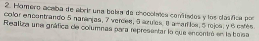 Homero acaba de abrir una bolsa de chocolates confitados y los clasifica por 
color encontrando 5 naranjas, 7 verdes, 6 azules, 8 amarillos, 5 rojos, y 6 cafés. 
Realiza una gráfica de columnas para representar lo que encontró en la bolsa