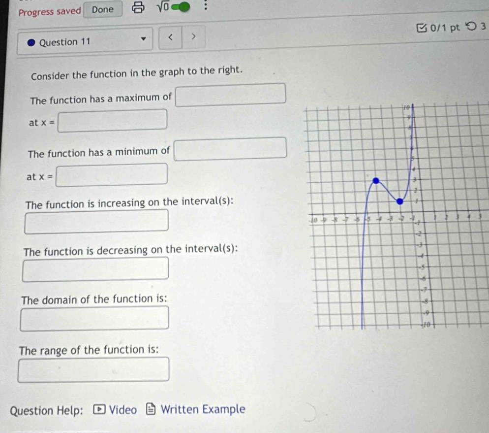 Progress saved Done sqrt(0) : 
0/1 pt つ 3 
Question 11 < > 
Consider the function in the graph to the right. 
The function has a maximum of □
at x=□
The function has a minimum of □
at x=□
The function is increasing on the interval(s): 
5 
The function is decreasing on the interval(s): 
□ 
The domain of the function is:
30= □ 
□  -1
The range of the function is: 
□ 
Question Help: Video Written Example