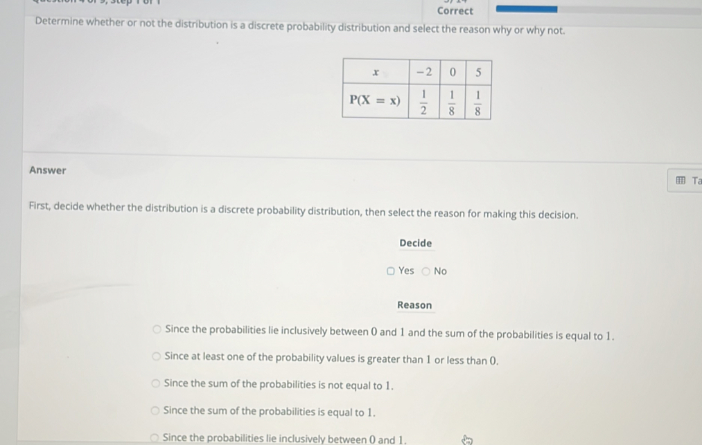 Correct
Determine whether or not the distribution is a discrete probability distribution and select the reason why or why not.
Answer
Ta
First, decide whether the distribution is a discrete probability distribution, then select the reason for making this decision.
Decide
Yes No
Reason
Since the probabilities lie inclusively between 0 and 1 and the sum of the probabilities is equal to 1.
Since at least one of the probability values is greater than 1 or less than ().
Since the sum of the probabilities is not equal to 1.
Since the sum of the probabilities is equal to 1.
Since the probabilities lie inclusively between ( and 1.