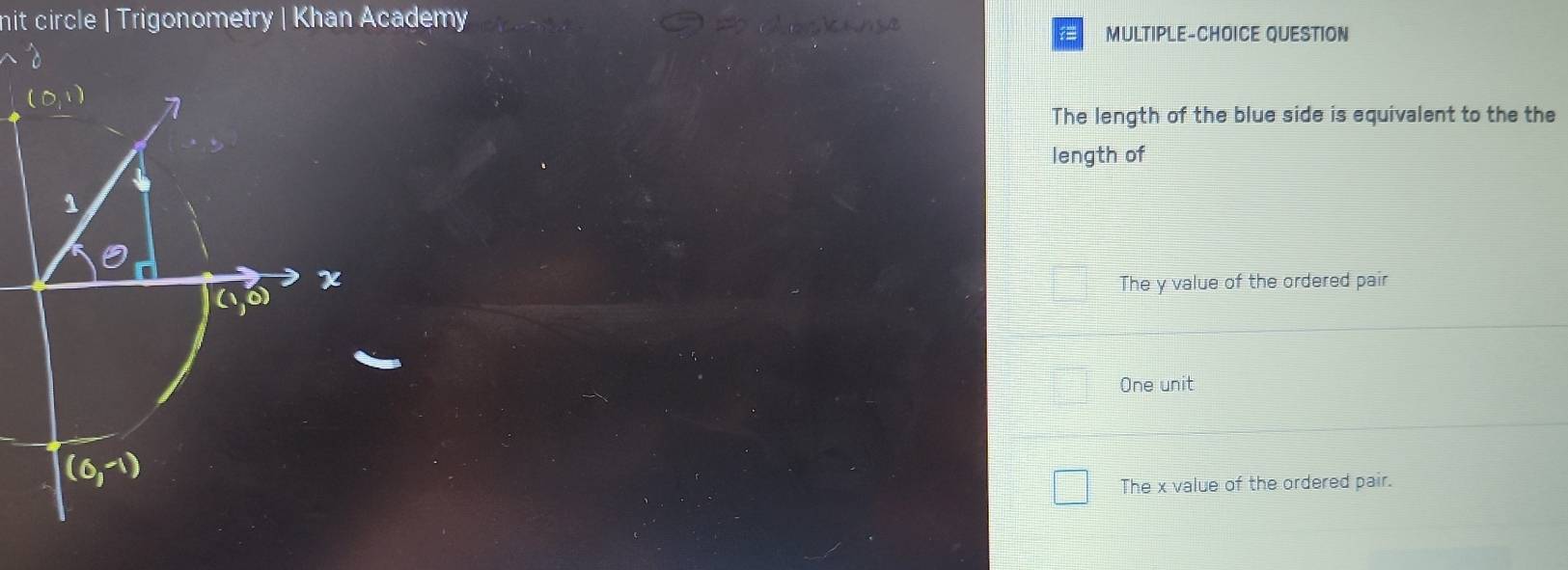 hit circle | Trigonometry | Khan Academy
MULTIPLE-CHOICE QUESTION
The length of the blue side is equivalent to the the
length of
The y value of the ordered pair
One unit
The x value of the ordered pair.