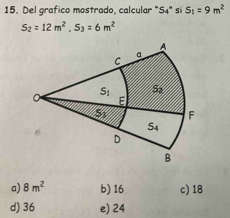 Del grafico mostrado, calcular “S4” si S_1=9m^2
S_2=12m^2,S_3=6m^2
a) 8m^2 b) 16 c) 18
d) 36 e) 24