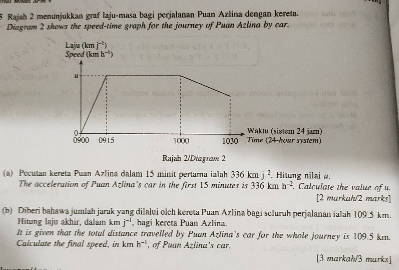 Rajah 2 menunjukkan graf laju-masa bagi perjalanan Puan Azlina dengan kereta.
Diagram 2 shows the speed-time graph for the journey of Puan Azlina by car.
Laju (kmj^(-1))
aktu (sistem 24 jam)
me (24-hour system)
Rajah 2/Diagram 2
(a) Pecutan kereta Puan Azlina dalam 15 minit pertama ialah 336kmj^(-2).. Hitung nilai u.
The acceleration of Puan Azlina’s car in the first 15 minutes is 336kmh^(-2). Calculate the value of u.
[2 markah/2 marks]
(b) Diberi bahawa jumlah jarak yang dilalui oleh kereta Puan Azlina bagi seluruh perjalanan ialah 109.5 km.
Hitung laju akhir, dalam km j^(-1) , bagi kereta Puan Azlina.
It is given that the total distance travelled by Puan Azlina’s car for the whole journey is 109.5 km.
Calculate the final speed, in km h^(-1) , of Puan Azlina’s car.
[3 markah/3 marks]