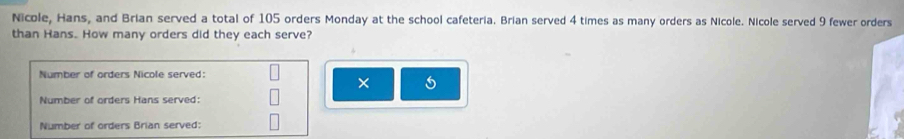 Nicole, Hans, and Brian served a total of 105 orders Monday at the school cafeteria. Brian served 4 times as many orders as Nicole. Nicole served 9 fewer orders 
than Hans. How many orders did they each serve? 
Number of orders Nicole served: 
× 
Number of orders Hans served: 
Number of orders Brian served:
