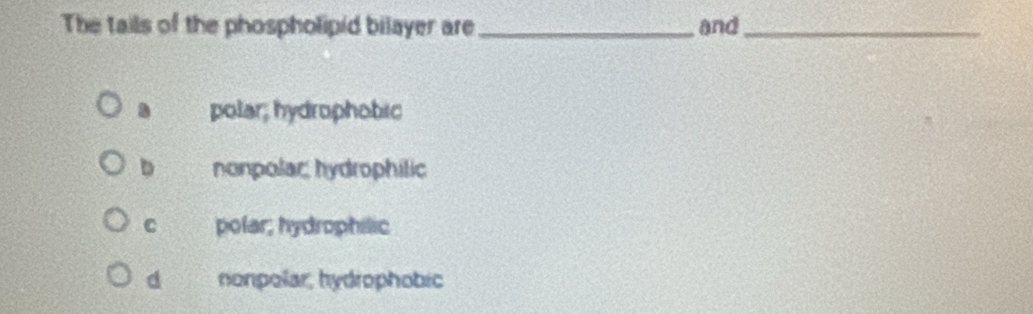 The tails of the phospholipid bilayer are _and_
a polar; hydrophobic
D nonpolac: hydrophilic
C polar; hydrophilic
d nonpolar, hydrophobic