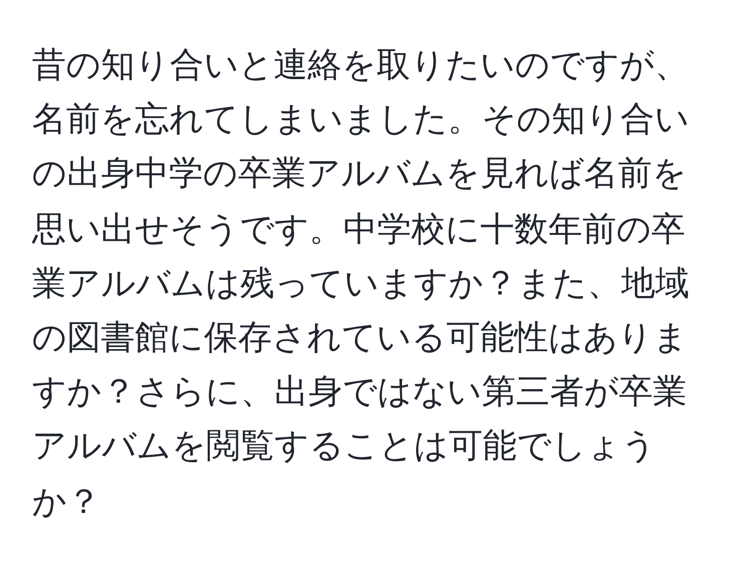 昔の知り合いと連絡を取りたいのですが、名前を忘れてしまいました。その知り合いの出身中学の卒業アルバムを見れば名前を思い出せそうです。中学校に十数年前の卒業アルバムは残っていますか？また、地域の図書館に保存されている可能性はありますか？さらに、出身ではない第三者が卒業アルバムを閲覧することは可能でしょうか？