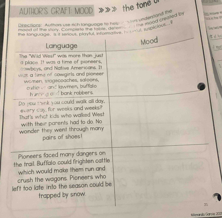 AUTHOR'S CRAFT: MOOD the tone UI 
Directions: Authors use rich language to help raters understand the Answer e 
mood of the story. Complete the table, determ.;; the mood created by ack in the st 
Give two re 
ful, suspicious.,. 
ư 
_ 
#Amanda García 2020