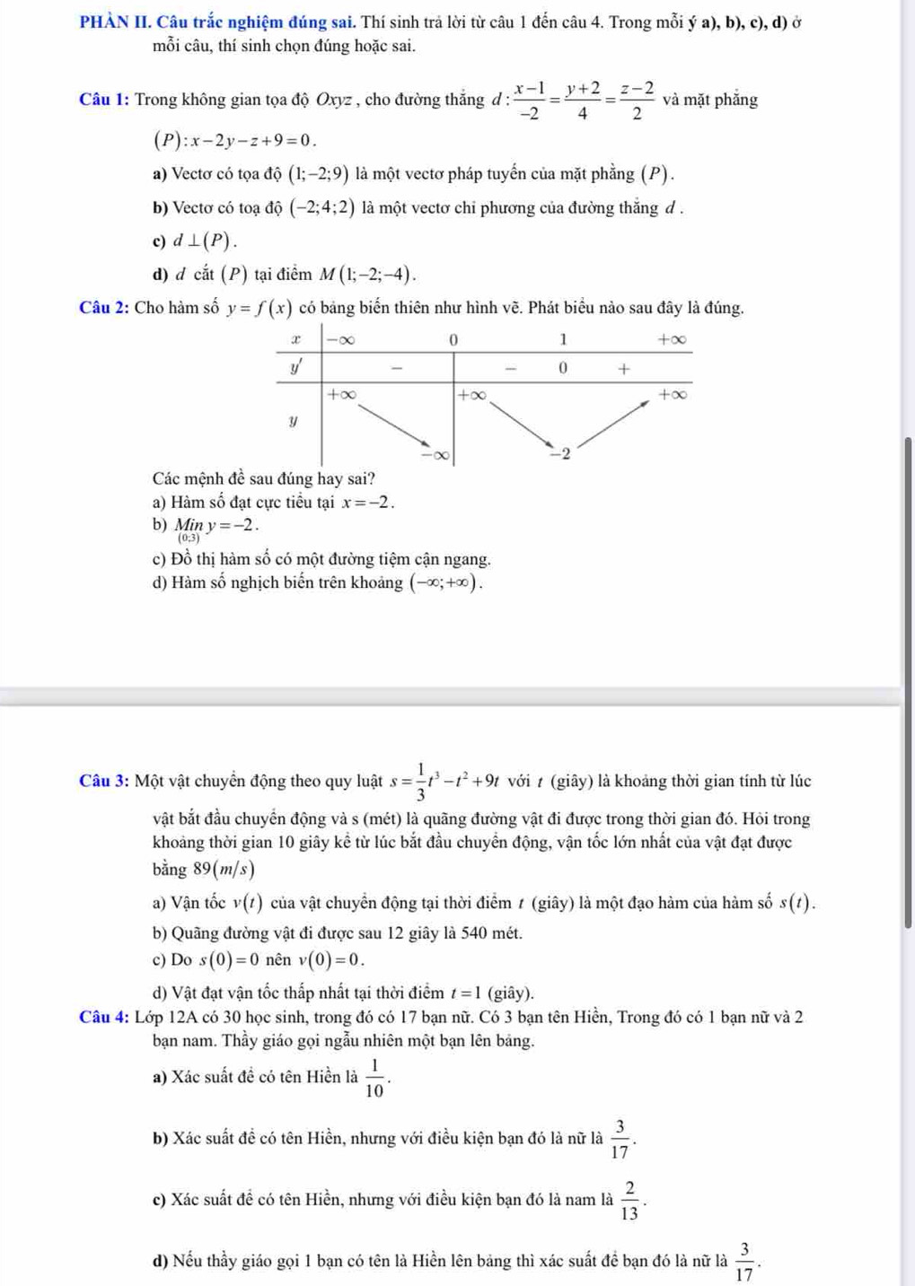 PHÀN II. Câu trắc nghiệm đúng sai. Thí sinh trả lời từ câu 1 đến câu 4. Trong mỗi ý a), b), c), d) ở
mỗi câu, thí sinh chọn đúng hoặc sai.
Câu 1: Trong không gian tọa độ Oxyz , cho đường thắng d: (x-1)/-2 = (y+2)/4 = (z-2)/2  và mặt phẳng
(P):x-2y-z+9=0.
a) Vectơ có tọa độ (1;-2;9) là một vectơ pháp tuyến của mặt phẳng (P).
b) Vectơ có toạ độ (-2;4;2) là một vectơ chi phương của đường thắng d .
c) d⊥ (P).
d)d cat(P) tại điểm M(1;-2;-4).
Câu 2: Cho hàm số y=f(x) có bảng biến thiên như hình vẽ. Phát biểu nào sau đây là đúng.
Các mệnh đề sau đúng hay sai?
a) Hàm số đạt cực tiểu tại x=-2.
b) Miny=-2.
c) Đồ thị hàm số có một đường tiệm cận ngang.
d) Hàm số nghịch biến trên khoảng (-∈fty ;+∈fty ).
Câu 3: Một vật chuyển động theo quy luật s= 1/3 t^3-t^2+9t với  (giây) là khoảng thời gian tính từ lúc
vật bắt đầu chuyển động và s (mét) là quãng đường vật đi được trong thời gian đó. Hỏi trong
khoảng thời gian 10 giây kể từ lúc bắt đầu chuyển động, vận tốc lớn nhất của vật đạt được
bằng 89(m/s)
a) Vận tốc v(t) của vật chuyển động tại thời điểm 1 (giây) là một đạo hàm của hàm số s(t).
b) Quãng đường vật đi được sau 12 giây là 540 mét.
c) Do s(0)=0 nên v(0)=0.
d) Vật đạt vận tốc thấp nhất tại thời điểm t=1 (giây).
Câu 4: Lớp 12A có 30 học sinh, trong đó có 17 bạn nữ. Có 3 bạn tên Hiền, Trong đó có 1 bạn nữ và 2
bạn nam. Thầy giáo gọi ngẫu nhiên một bạn lên bảng.
a) Xác suất đề có tên Hiền là  1/10 .
b) Xác suất đề có tên Hiền, nhưng với điều kiện bạn đó là nữ là  3/17 .
c) Xác suất đề có tên Hiền, nhưng với điều kiện bạn đó là nam là  2/13 .
d) Nếu thầy giáo gọi 1 bạn có tên là Hiền lên bảng thì xác suất để bạn đó là nữ là  3/17 .