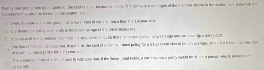 Twenty-one young men got a quote for the cost of a car insurance policy. The policy cost and ages of the men are shown in the scatter plot. Select all the
statements that are true based on the scatter plot.
Every 19 -year-old in this group has a lower cost of car insurance than the 18 -year-olds.
Car insurance policy cost tends to decrease as age of the driver increases.
The value of the correlation coefficient is very close to -1, so there is no association between age and car insura ce policy cost.
The line of best fit indicates that, in general, the cost of a car insurance policy for a 21-year-old should be, on average, about $315 less than the cost
of a car insurance policy for a 20-year-old.
The y-intercept from the line of best fit indicates that, if the linear trend holds, a car insurance policy would be $0 for a person who is about 8,987
years old.