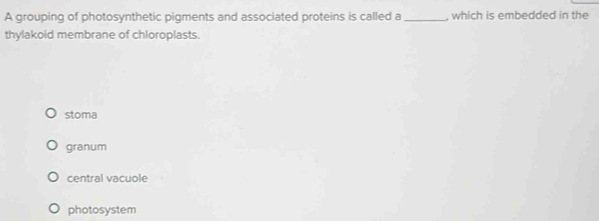 A grouping of photosynthetic pigments and associated proteins is called a _, which is embedded in the
thylakoid membrane of chloroplasts.
stoma
granum
central vacuole
photosystem
