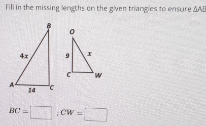 Fill in the missing lengths on the given triangles to ensure △ AE
BC=□; CW=□