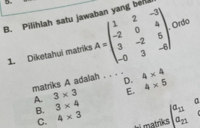 Pilihlah satu jawaban yang ben
1. Diketahui matriks A=beginpmatrix 1&2&-3 -2&0&4 3&-2&5 -0&3&-6endpmatrix. Ordo
D.
matriks A adalah .... 4* 4
A. 3* 3 E. 4* 5
B. 3* 4
(
hi matriks beginvmatrix a_11 a_21endvmatrix a
C. 4* 3