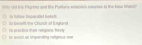 Why did the Pilgrims and the Puritans establish colonies in the New World?
to lollow Separatist beliets
to benefit the Church of England
to practice their religions freely
to aveid an impending religious war