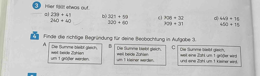 Hier fällt etwas auf.
a) 239+41 b) 321+59 c) 708+32
240+40
d) 449+16
320+60
709+31
450+15
2 Finde die richtige Begründung für deine Beobachtung in Aufgabe 3.
A Die Summe bleibt gleich, B Die Summe bleibt gleich, C Die Summe bleibt gleich,
weil beide Zahlen weil beide Zahlen weil eine Zahl um 1 größer wird
um 1 größer werden. um 1 kleiner werden. und eine Zahl um 1 kleiner wird.