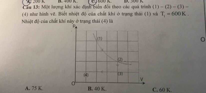 A 200 R B. 400 K. C600 K. D. 300 K
Câu 13: Một lượng khí xác định biến đổi theo các quá trình (1) -(2)-(3)-
(4) như hình vẽ. Biết nhiệt độ của chất khí ở trạng thái (1) và T_1=600K. 
Nhiệt độ của chất khí này ở trạng thái (4) là
A. 75 K. C. 60 K.