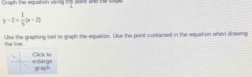 Graph the equation using the point and the slope
y-2= 1/5 (x-2)
Use the graphing tool to graph the equation. Use the point contained in the equation when drawing 
the line. 
Click to 
enlarge 
graph