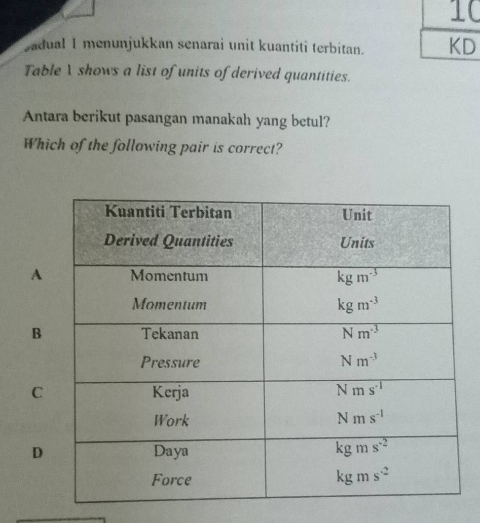 Sadual I menunjukkan senarai unit kuantiti terbitan.
KD
Table I shows a list of units of derived quantities.
Antara berikut pasangan manakah yang betul?
Which of the following pair is correct?
A
B
C
D