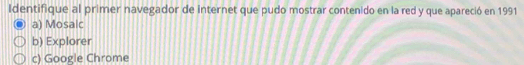 Identifique al primer navegador de internet que pudo mostrar contenido en la red y que apareció en 1991
a) Mosalc
b) Explorer
c) Google Chrome