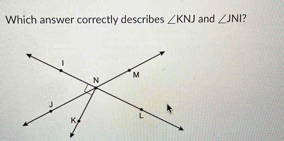 Which answer correctly describes ∠ KNJ and ∠ JNI