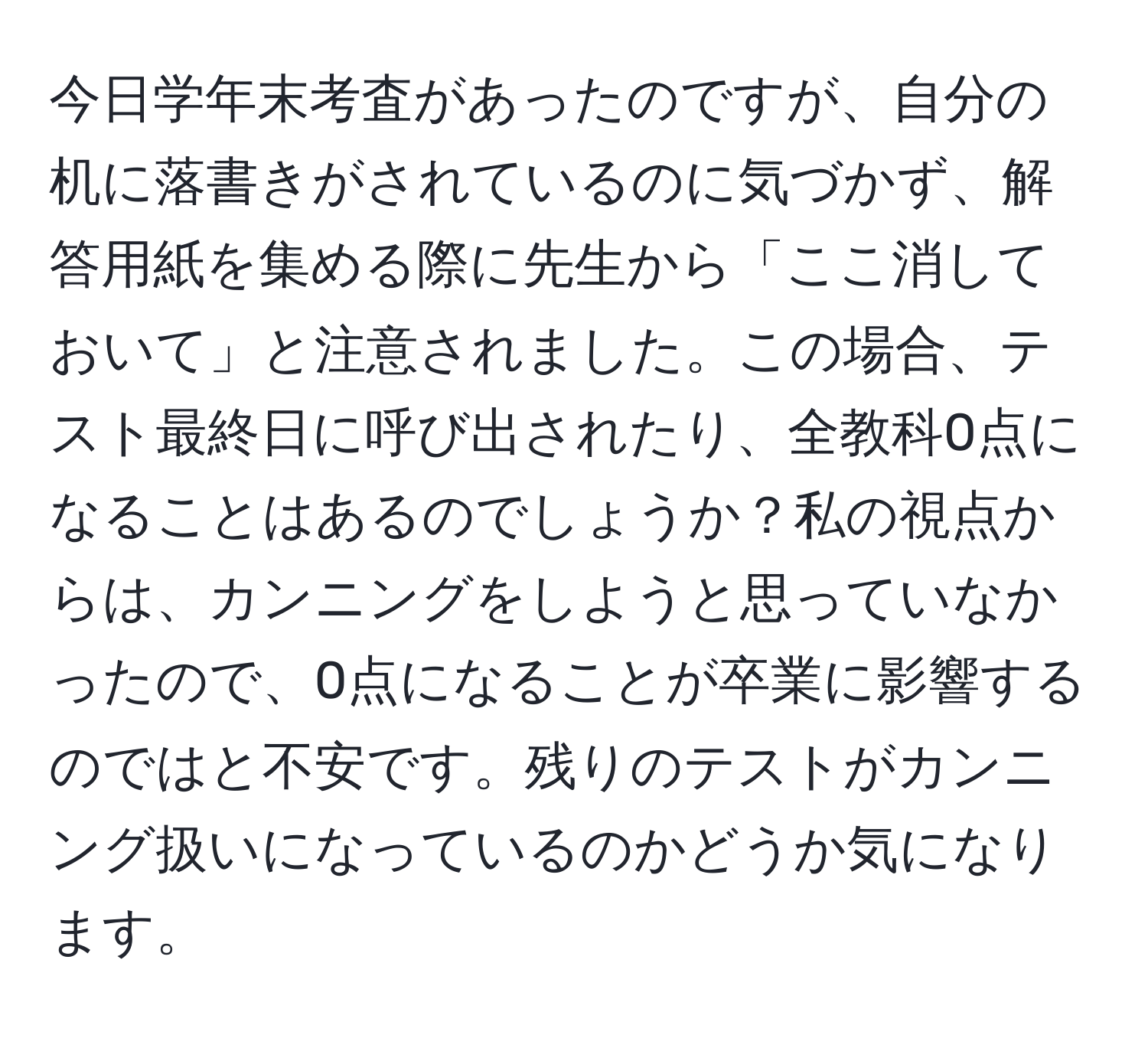 今日学年末考査があったのですが、自分の机に落書きがされているのに気づかず、解答用紙を集める際に先生から「ここ消しておいて」と注意されました。この場合、テスト最終日に呼び出されたり、全教科0点になることはあるのでしょうか？私の視点からは、カンニングをしようと思っていなかったので、0点になることが卒業に影響するのではと不安です。残りのテストがカンニング扱いになっているのかどうか気になります。