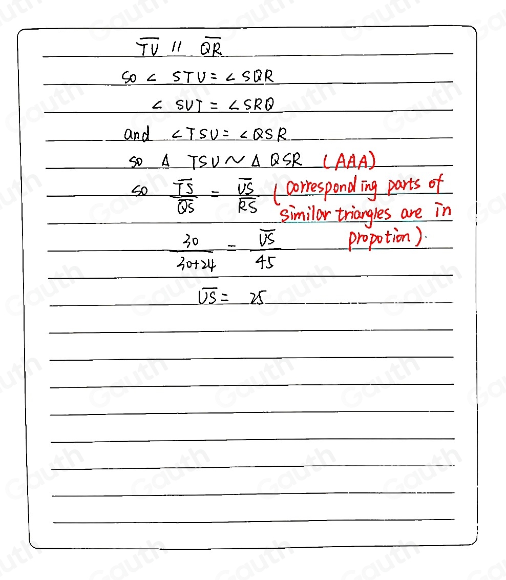 Solved: In the diagram below, overline TU is parallel to overline QR ...