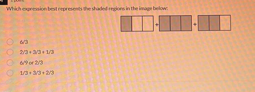 Which expression best represents the shaded regions in the image below:
6/3
2/3+3/3+1/3
6/9 or 2/3
1/3+3/3+2/3