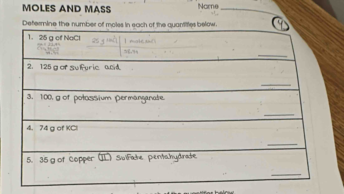 MOLES AND MASS Name_ 
Determine the numbe 
ow