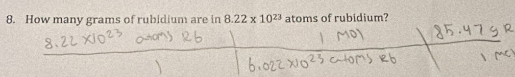 How many grams of rubidium are in 8.22* 10^(23) atoms of rubidium?