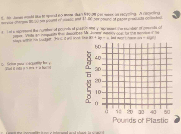 Mr. Jones would like to spend no more than $30.00 per week on recycling. A recycling 
service charges $0.50 per pound of plastic and $1.00 per pound of paper products collected. 
a. Let x represent the number of pounds of plastic and y represent the number of pounds of 
paper. Write an inequality that describes Mr. Jones' weekly cost for the service if he 
stays within his budget. (Hint: it will look like ax+by=c , but won't have an=sign)
b. Solve your inequality for y. 
(Get it into y≤ mx+b form) 
Graph the inequality (use v -intercept and slope to graph)