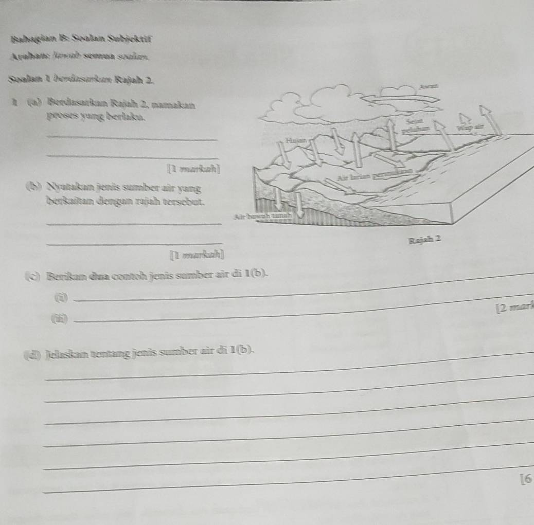 Bahagian B: Soalan Subjektif 
Arahan: Janab semua soalan. 
Soalan 1 berdasarkan Rajah 2. 
1 (a) Berdasarkan Rajah 2, namakan 
proses yung berlaku. 
_ 
_ 
[1 markah 
(b) Nyatakan jenis sumber air yang 
berkaitan dengan rajah tersebut. 
_ 
_ 
[1 markah] 
(c) Berikan dua contoh jenis sumber air di 1(b). 
) 
_ 
[2 mar] 
(ii) 
(d) Jelaskan tentang jenis sumber air di 1 (b). 
_ 
_ 
_ 
_ 
_ 
[6