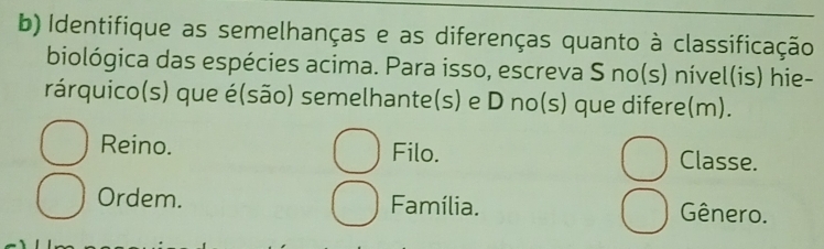 Identifique as semelhanças e as diferenças quanto à classificação 
biológica das espécies acima. Para isso, escreva S no(s) nível(is) hie- 
rárquico(s) que é(são) semelhante(s) e D no(s) que difere(m). 
Reino. Filo. Classe. 
Ordem. Família. Gênero.