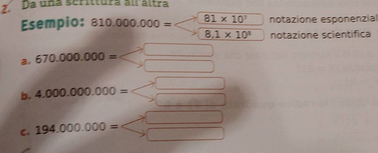 Da una scrittura al altra 
Esempio: 810.000.000= 81* 10^7 notazione esponenzial
8.1* 10^8 notazione scientifica 
a. 670.000.000=
b. 4.000.000.000=
C. 194,000.000=