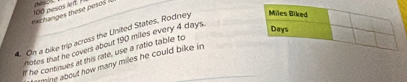 100 pesos left pesos. 
exchanges these pesos Il 
. On a bike trip across the United States, Rodney 
notes that he covers about 190 miles every 4 days. 
If he continues at this rate, use a ratio table to 
armine about how many miles he could bike in