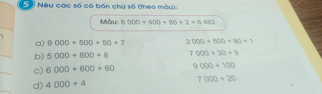 Nêu các số có bốn chữ số (theo mẫu):
Mẫu: 6000+400+80+2=6482
a) 9000+500+50+7 3000+600+80+1
b) 5000+800+8 7000+30+9
c) 6000+600+60
9000+100
d) 4000+4
7000+20