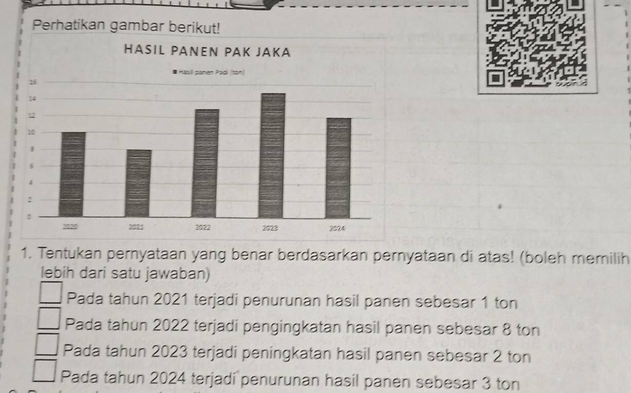 Perhatikan gambar berikut!
1. Tentukan pernyataan yang benar berdasarkan pernyataan di atas! (boleh memilih
lebih dari satu jawaban)
Pada tahun 2021 terjadi penurunan hasil panen sebesar 1 ton
Pada tahun 2022 terjadi pengingkatan hasil panen sebesar 8 ton
Pada tahun 2023 terjadi peningkatan hasil panen sebesar 2 ton
Pada tahun 2024 terjadi penurunan hasil panen sebesar 3 ton