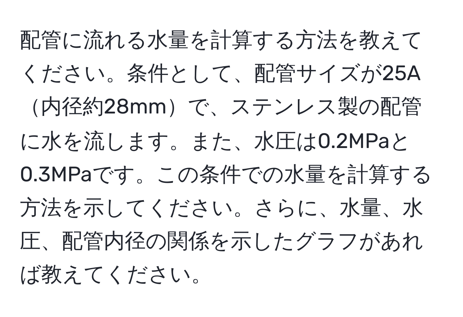 配管に流れる水量を計算する方法を教えてください。条件として、配管サイズが25A内径約28mmで、ステンレス製の配管に水を流します。また、水圧は0.2MPaと0.3MPaです。この条件での水量を計算する方法を示してください。さらに、水量、水圧、配管内径の関係を示したグラフがあれば教えてください。