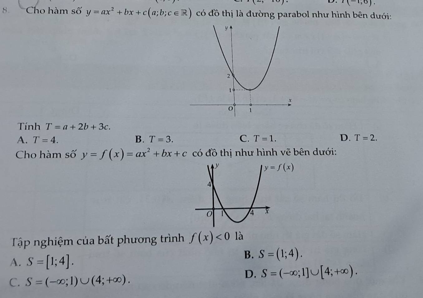 1(2,10)
D. I(-1,6). 
8. Cho hàm số y=ax^2+bx+c(a;b;c∈ R) có đồ thị là đường parabol như hình bên dưới:
Tính T=a+2b+3c.
A. T=4. B. T=3. C. T=1. D. T=2. 
Cho hàm số y=f(x)=ax^2+bx+c có đồ thị như hình vẽ bên dưới:
y=f(x)
Tập nghiệm của bất phương trình f(x)<0</tex> là
A. S=[1;4].
B. S=(1;4).
D. S=(-∈fty ;1]∪ [4;+∈fty ).
C. S=(-∈fty ;1)∪ (4;+∈fty ).