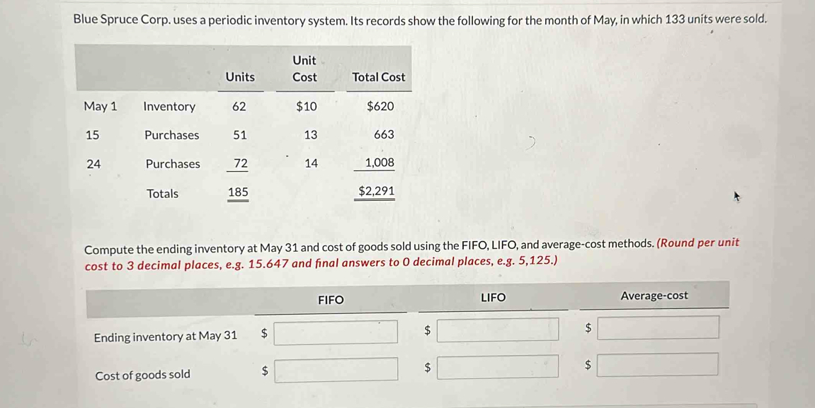 Blue Spruce Corp. uses a periodic inventory system. Its records show the following for the month of May, in which 133 units were sold. 
Compute the ending inventory at May 31 and cost of goods sold using the FIFO, LIFO, and average-cost methods. (Round per unit 
cost to 3 decimal places, e.g. 15.647 and fīnal answers to 0 decimal places, e.g. 5,125.) 
FIFO LIFO Average-cost 
Ending inventory at May 31 $ $
$
Cost of goods sold $ $
$