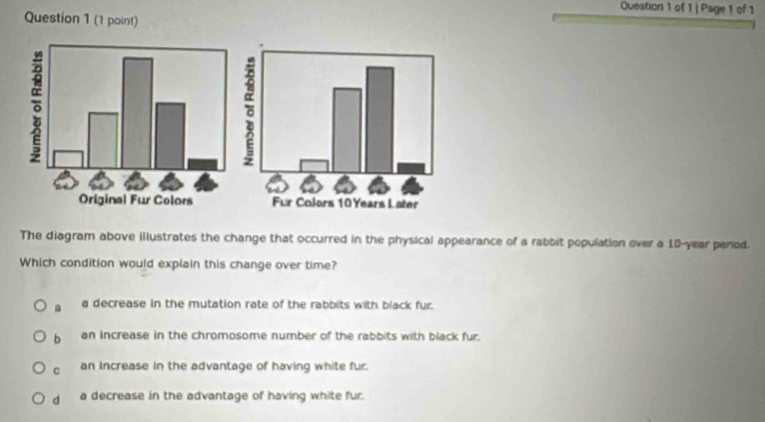 Page 1 of 1
Question 1 (1 point)
The diagram above illustrates the change that occurred in the physical appearance of a rabbit population over a 18-year parod.
Which condition would explain this change over time?
a a decrease in the mutation rate of the rabbits with black fur.
b an increase in the chromosome number of the rabbits with black fur.
C an increase in the advantage of having white fur.
dà a decrease in the advantage of having white fur.