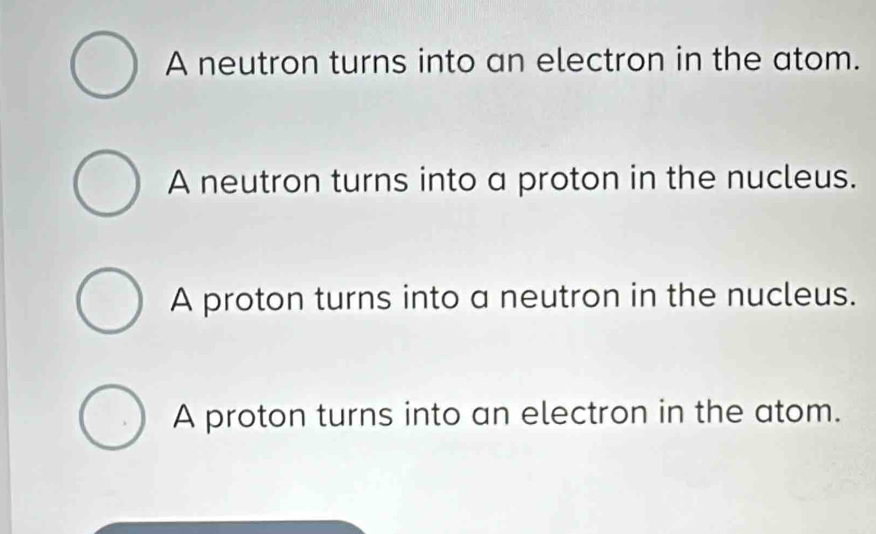 A neutron turns into an electron in the atom.
A neutron turns into a proton in the nucleus.
A proton turns into a neutron in the nucleus.
A proton turns into an electron in the atom.