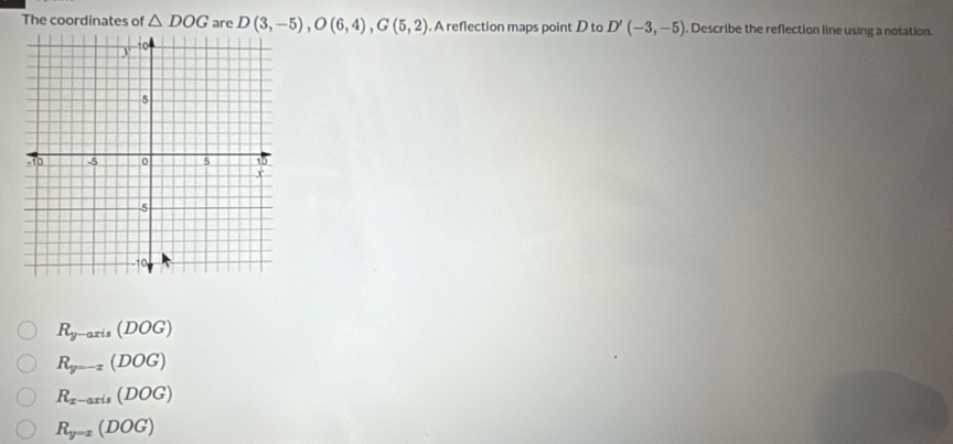 The coordinates of △ DOG are D(3,-5), O(6,4), G(5,2). A reflection maps point D to D'(-3,-5). Describe the reflection line using a notation.
R_y-axis(DOG)
R_y=-z(DOG)
R_x-axis(DOG)
R_y=z(DOG)