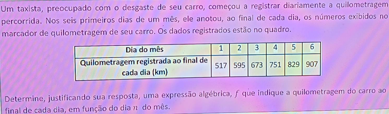 Um taxista, preocupado com o desgaste de seu carro, começou a registrar diariamente a quilometragem 
percorrida. Nos seis primeiros dias de um mês, ele anotou, ao final de cada dia, os números exibidos no 
marcador de quilometragem de seu carro. Os dados registrados estão no quadro. 
Determine, justificando sua resposta, uma expressão algébrica, f que indique a quilometragem do carro ao 
final de cada dia, em função do dia n do mês.