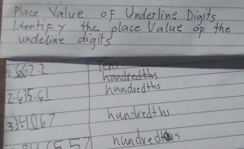 Place Value of Underline Digits 
IdentiFy the place Value of the 
undeline digits
662. 2 Ten
2. 635. 61 handredths
3351067
handredths 
CL hundre ds