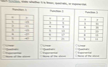 eh thins, stakte whelther it is llinear, quadrabc, or exponential
Fantio n   Futcta  Function 3
  
  
  
  
  
  
L moser O s mear Liear
O Quadne
Qast  Egemental Expemential Quadratic
Expurental
` Nore of  the altove Nome of the above None of the above