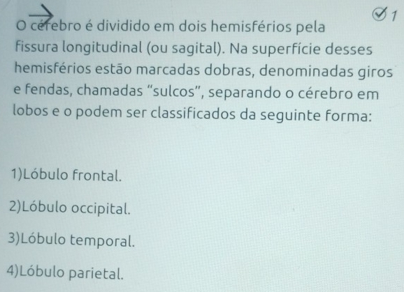 cérebro é dividido em dois hemisférios pela
fissura longitudinal (ou sagital). Na superfície desses
hemisférios estão marcadas dobras, denominadas giros
e fendas, chamadas “sulcos”, separando o cérebro em
lobos e o podem ser classificados da seguinte forma:
1)Lóbulo frontal.
2)Lóbulo occipital.
3)Lóbulo temporal.
4)Lóbulo parietal.