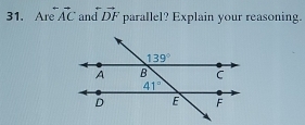 A overleftrightarrow AC and vector DF parallel? Explain your reasoning.